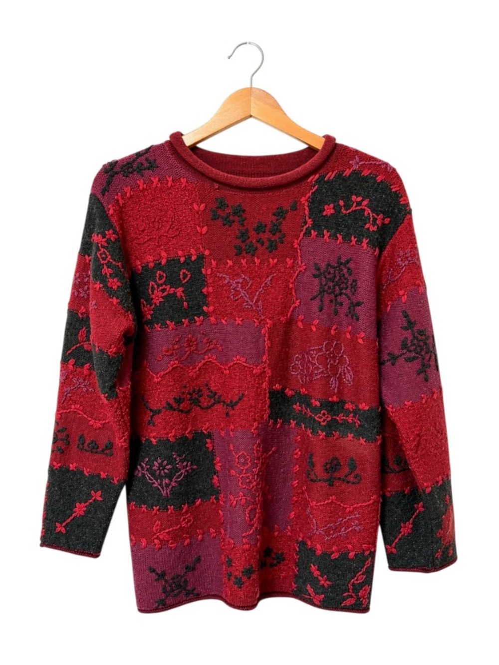 Vintage 90s Womens Floral‎ Patchwork Sweater XL Boho Indie Embroidered Grandma